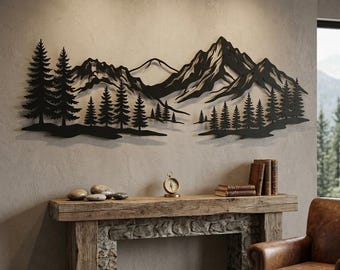 Mountain Range Metal Wall Art, Evergreen Forest Wall Art, Rustic Log Cabin Decor, Above Couch Wall Decor, Ski Lodge Decor, Hiker Gift