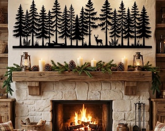 Pine Forest Metal Wall Art, Deer Above Fireplace Decor, Rustic Cabin Living Room Decor, Above Couch Wall Decor, Extra Large Metal Wall Art
