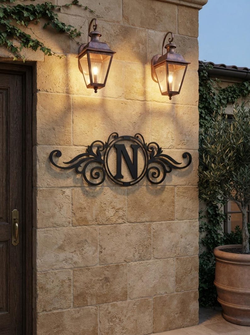 May include: A black metal wall sign featuring a central circular frame with the letter N inside, flanked by symmetrical scrollwork designs. The sign is mounted on a light brown stone wall between two lit copper-toned outdoor wall lanterns.