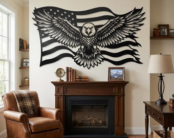 American Eagle Metal Wall Art, Patriotic Metal Wall Decor, American Flag Sign, Above Fireplace Decor, Veteran Gifts, Patriotic Sign