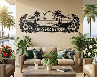 Outdoor Beach House Sign, Custom Coastal Home Sign, Tropical Palm Tree Wall Art, Outdoor Patio Decor, Nautical Wall Art, Pool House Sign