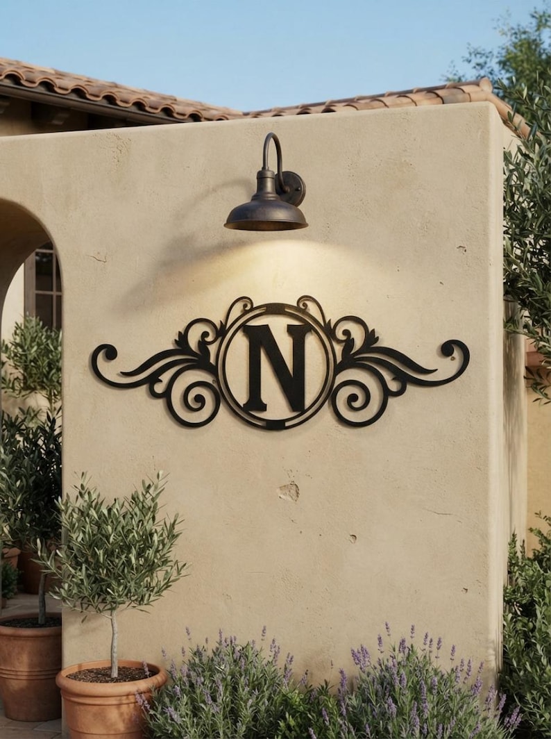 May include: A black metal wall sign featuring a central circular frame enclosing the capital letter N, flanked by symmetrical scrollwork and decorative flourishes. The piece is mounted on a light-coloured stucco wall beneath a dark metal light fixture.