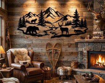 Mountain Wildlife Metal Wall Art, Bear Forest Wall Art, Hunting Lodge Wall Decor, River Landscape Wall Decor, Wildlife Photographer Gift