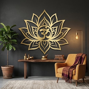 Lotus-Wandbild mit Om-Symbol aus Metall, Lotus-Wanddeko aus Metall, große Yogastudio-Deko, Meditationsraum-Deko, Om-Schild aus Metall, Geschenk für Yoga-Liebhaberinnen