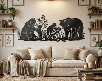 Bear Family Metal Wall Art, Playful Cub Wall Art, Rustic Lodge Living Room Decor, Woodland Nursery Wall Decor, New Parent Gift, Family Sign