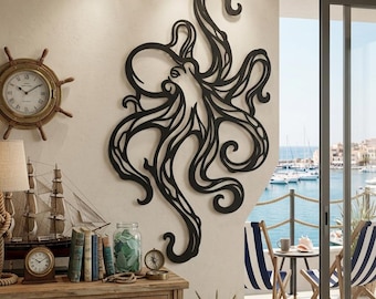 Octopus Metal Wall Decor, Vertical Bathroom Wall Art, Bathroom Decor, Coastal Home Decor, Ocean Lover Gifts, Sea Life Decor, Gothic Decor