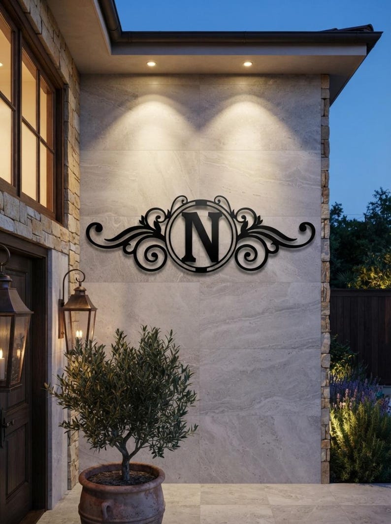 May include: A black metal wall sign featuring a central circular frame enclosing the capital letter N, flanked by symmetrical decorative scrollwork and flourishes. The sign is mounted on a light-coloured stone wall surface with recessed lighting.