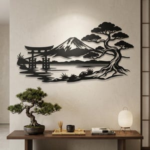 Mount Fuji Metal Wall Decor, Japanese Home Wall Art, Torii Gate Decor, Above Console Decor, Zen Entryway Wall Art, Japanese Yoga Room Decor