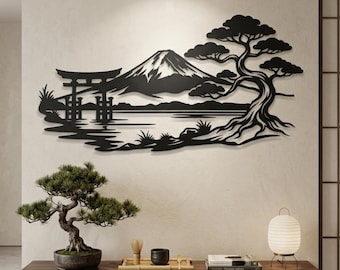 Mount Fuji Metal Wall Decor, Japanese Home Wall Art, Torii Gate Decor, Above Console Decor, Zen Entryway Wall Art, Japanese Yoga Room Decor