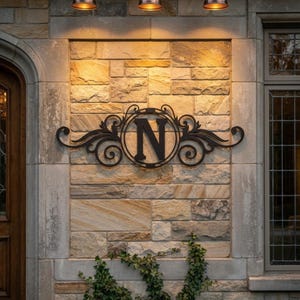 May include: A black metal wall sign featuring a central circular frame enclosing the capital letter N, accented with decorative scrollwork on both sides. The sign is mounted on a light-coloured stone wall beneath three downward-facing light fixtures.