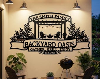Personalized Backyard Sign, Custom Metal Sign, Family Name Patio Decor, Large Outdoor Pergola Sign, Barbecue Area Decor, Backyard Wall Art