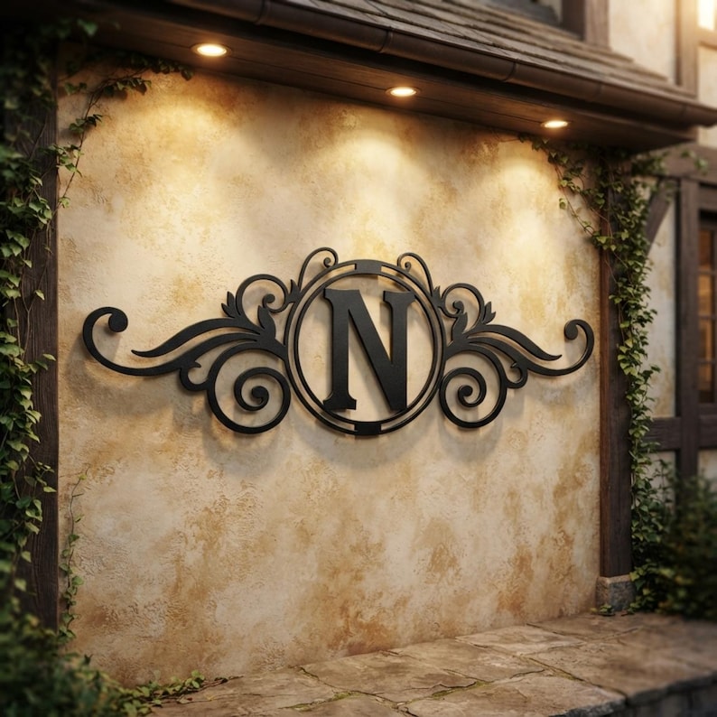 May include: A black metal wall sign featuring a central circular frame enclosing the capital letter N, flanked by symmetrical decorative scrollwork and flourishes. The sign is mounted on a textured, light-coloured wall surface with lighting.
