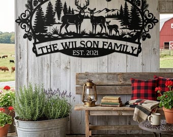 Personalized Deer Family Sign, Custom Metal Sign, Outdoor Ranch Sign, Western Farmhouse Exterior Decor, Deer Lovers Gift for Family