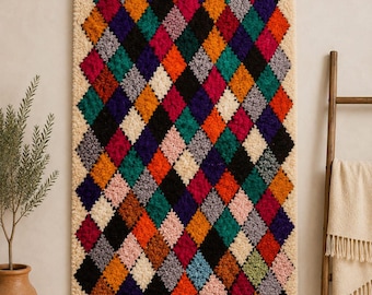 Handgjord marockansk boucherouite-matta – Färgglad berbermatta – Autentisk ullmatta – Boho vardagsrumsinredning – Marockansk handgjord matta
