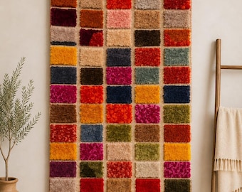 Handgjord marockansk boucherouite-matta – Färgglad berbermatta – Autentisk ullmatta – Boho vardagsrumsinredning – Marockansk handgjord matta