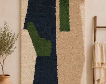Handgjord abstrakt ullmatta | Modern geometrisk marinblå salviagrön beige | Anpassad storlek för vardagsrum/sovrum | Tuftad golvdekor