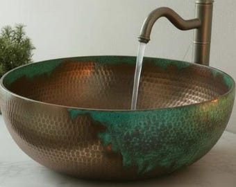 Handmade Hammered Copper Vessel Sink | Green Verdigris Patina Bathroom Basin | Rustic Round Vanity Sink | Moroccan Artisan Wash Bowl