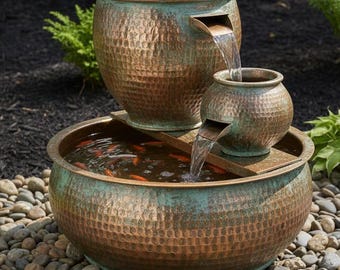 Handgjord kopparvattenfontän, hamrad patina, inomhusfontän med kaskadform, zenvattenfunktion, rustik heminredning, meditationsfontän