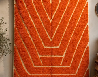 Orange marockansk Beni Ourain-matta | Handgjord tuftad ullmatta | Modern geometrisk berbermatta | Boho vardagsrumsinredning | Anpassad storlek