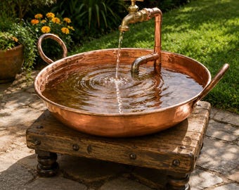 Handmade Copper Garden Fountain Bowl with Brass Faucet | Rustic Outdoor Water Feature | Artisan Copper Basin | Garden Decor | Patio Fountain