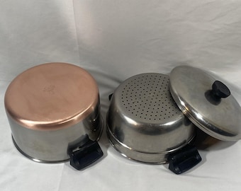 Vintage Revere Ware 4 Qt Stockpot Pot Copper Clad with Steamer & Lid Stainless Steel Clinton