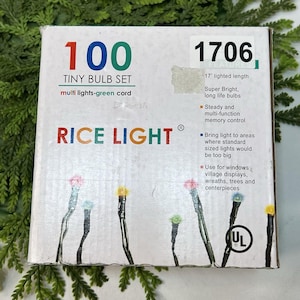 May include: A square white product box for a 100 tiny bulb set labeled Rice Light. The box features multi-colored text, a 17-foot lighted length specification, and illustrations of small multi-colored bulbs on a green cord.