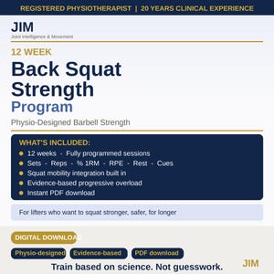 Könnte beinhalten: Ein digitales Dokument mit dem Titel 12 Week Back Squat Strength Program von JIM Joint Intelligence & Movement. Es listet Funktionen wie vollständig programmierte Einheiten, Sätze, Wiederholungen, RPE, Pausen und Mobilität auf.