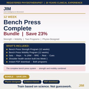 May include: A digital document titled JIM Joint Intelligence & Movement 12 Week Bench Press Complete Bundle. It lists a 12-week strength program, mobility program, sets, reps, 1RM, RPE, rest, cues, shoulder health section, and instant PDF download.