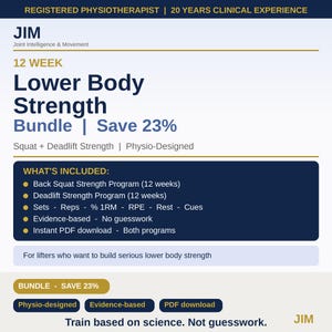 May include: A digital document titled 12 Week Lower Body Strength Bundle by JIM Joint Intelligence & Movement. It lists a back squat and deadlift program, including sets, reps, 1RM, RPE, rest, and cues. The text states it is evidence-based and an instant PDF download.