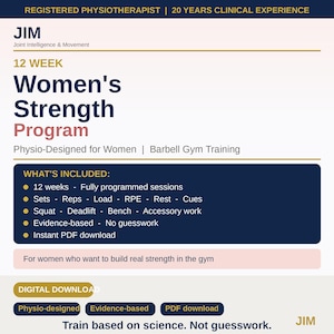 May include: A digital document titled 12 Week Women's Strength Program by JIM Joint Intelligence & Movement. It outlines a physio-designed barbell gym training plan including fully programmed sessions, sets, reps, load, RPE, rest, cues, squat, deadlift, bench, and accessory work. It is an evidence-based instant PDF download.