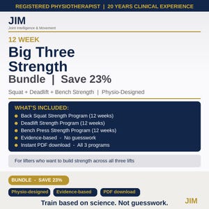 以下が含まれることがあります： JIM Joint Intelligence & Movementによる「12 Week Big Three Strength Bundle」というタイトルのデジタルドキュメント。スクワット、デッドリフト、ベンチプレスの筋力トレーニングプログラムが含まれています。理学療法士が設計した科学的根拠に基づく内容であることが記載されています。