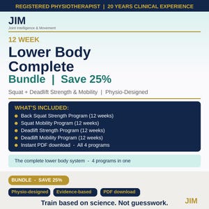 以下が含まれることがあります： JIM Joint Intelligence & Movementによる12週間の下半身コンプリートバンドルのデジタルチラシ。バックスクワットとデッドリフトの筋力および可動性に関する4つのプログラムが記載されており、即時PDFダウンロードが可能です。