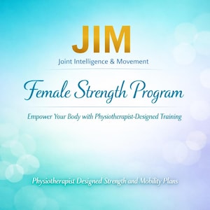 Op de afbeelding: Een digitale afbeelding met een lichtblauwe en paarse bokeh-achtergrond met de gouden tekst JIM, Joint Intelligence & Movement, Female Strength Program, Empower Your Body with Physiotherapist-Designed Training, en Physiotherapist Designed Strength and Mobility Plans.