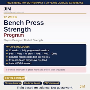 May include: A digital 12-week bench press strength programme document titled JIM Joint Intelligence & Movement. It features a dark blue text box listing programme details including sets, reps, RPE, and shoulder health, with the text Train based on science. Not guesswork.