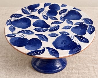 Vintage Ceramiche Alfa Italy Cake Stand – 12” Cobalt Blue Fruit Pedestal Platter – Italian Ceramic Majolica Dessert Display