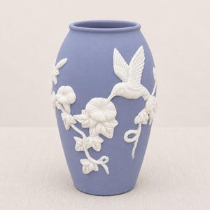 Vintage Blue White Jasperware Style Vase | Hummingbird Morning Glory Floral Relief Bud Vase | Periwinkle Blue Stoneware 5 Inch