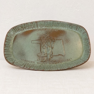 Vintage 1986 Frankoma Pottery Good Neighbor Platter | Verdigris Valley Electric Lineman Commemorative Tray | Prairie Green Oklahoma Art
