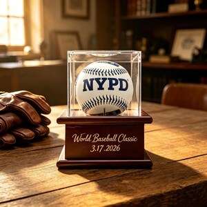 Custom Baseball Display Case – Tall Wood Base, Clear Acrylic Cover, Engraved Gift