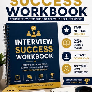 Op de afbeelding: Een spiraalgebonden Interview Success Workbook met een donkerblauwe kaft, gouden tekst en iconen. Op de kaft staat: Prepare. Practice. Perform. Succeed. Interview Success Workbook. Your step-by-step guide to ace your next interview.