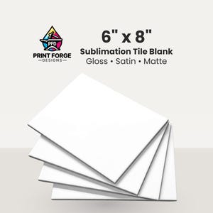 May include: A stack of white sublimation tile blanks, each measuring 6" x 8". The tiles are arranged in a slightly fanned-out pattern, showcasing their clean, smooth surfaces. The image includes the text "6" x 8" Sublimation Tile Blank" and the Print Forge Designs logo.
