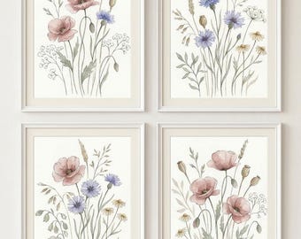 Set di 4 stampe ad acquerello di fiori selvatici, decorazione botanica a tema prato fiorito (download digitale)