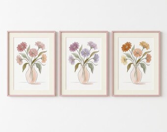 Set di 3 stampe di vasi floreali / Fiori ad acquerello pastello (download digitale)