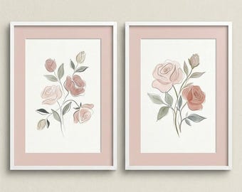 Set di 2 stampe ad acquerello di rose, rosa cipria, stile botanico minimalista floreale (download digitale)