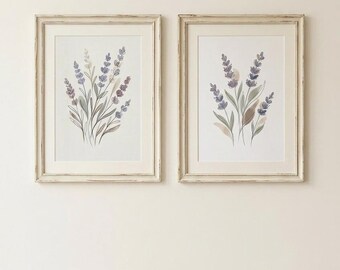 Set di 2 stampe botaniche ad acquerello color lavanda, pacchetto floreale minimalista (download digitale)