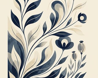 Stampa botanica astratta, foglia blu navy avorio, arredamento minimalista scandinavo (download digitale)