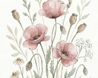 Stampa artistica floreale ad acquerello con papaveri rosa, illustrazione botanica di fiori selvatici (download digitale)