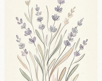 Stampa botanica ad acquerello color lavanda, pacchetto floreale minimalista (download digitale)