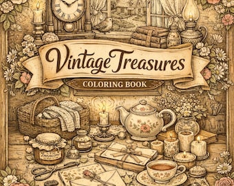 Libro da colorare Tesori Vintage / Cottagecore, Illustrazioni di arredamento antico (Download immediato)