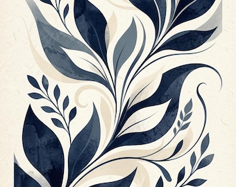 Stampa botanica astratta, motivo a foglie blu navy e beige, arredamento minimalista scandinavo (download digitale)