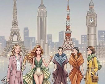 Libro da colorare di moda chic / Scene di città di Parigi, New York, Tokyo e Londra (Download digitale)